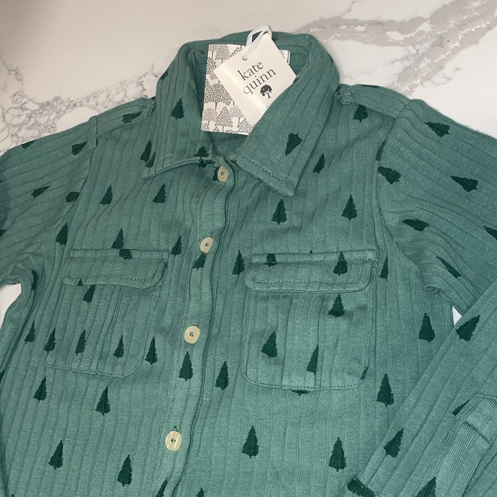 Kate Quinn Kids Green Tree Button up Collar Pocket Shirt 6 - Picture 2 of 10
